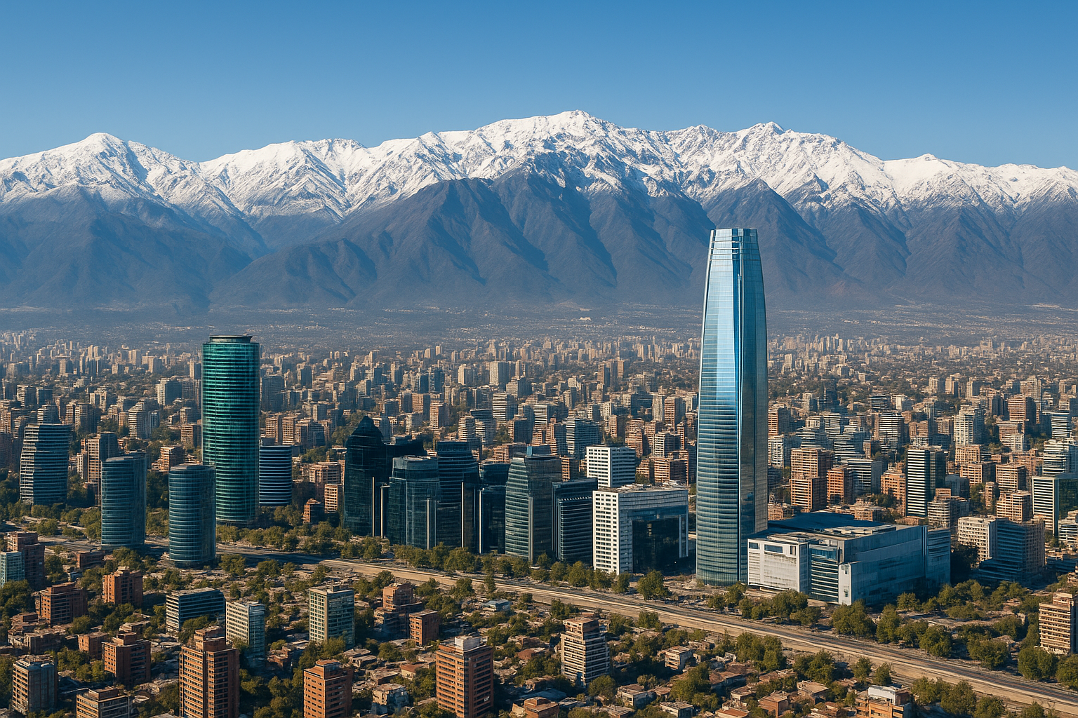 una imagen sobre la ciudad de santiago con vista a la cordillera y el costanera center